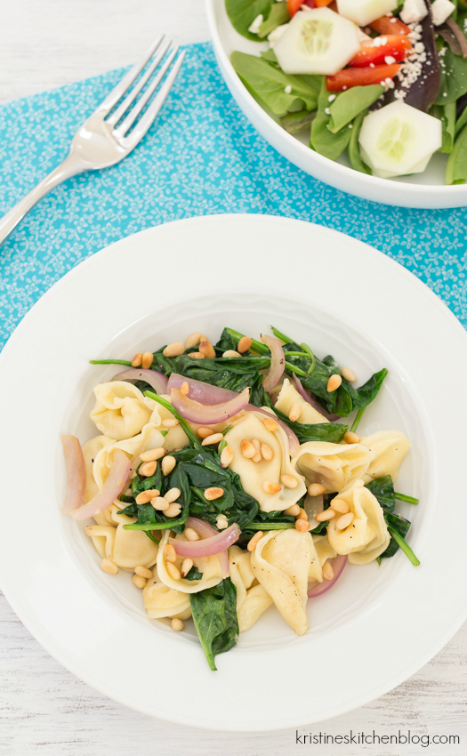 Tortellini with Spinach, Onion, and Pine Nuts - a favorite easy meal that's full of flavor! | Kristine's Kitchen