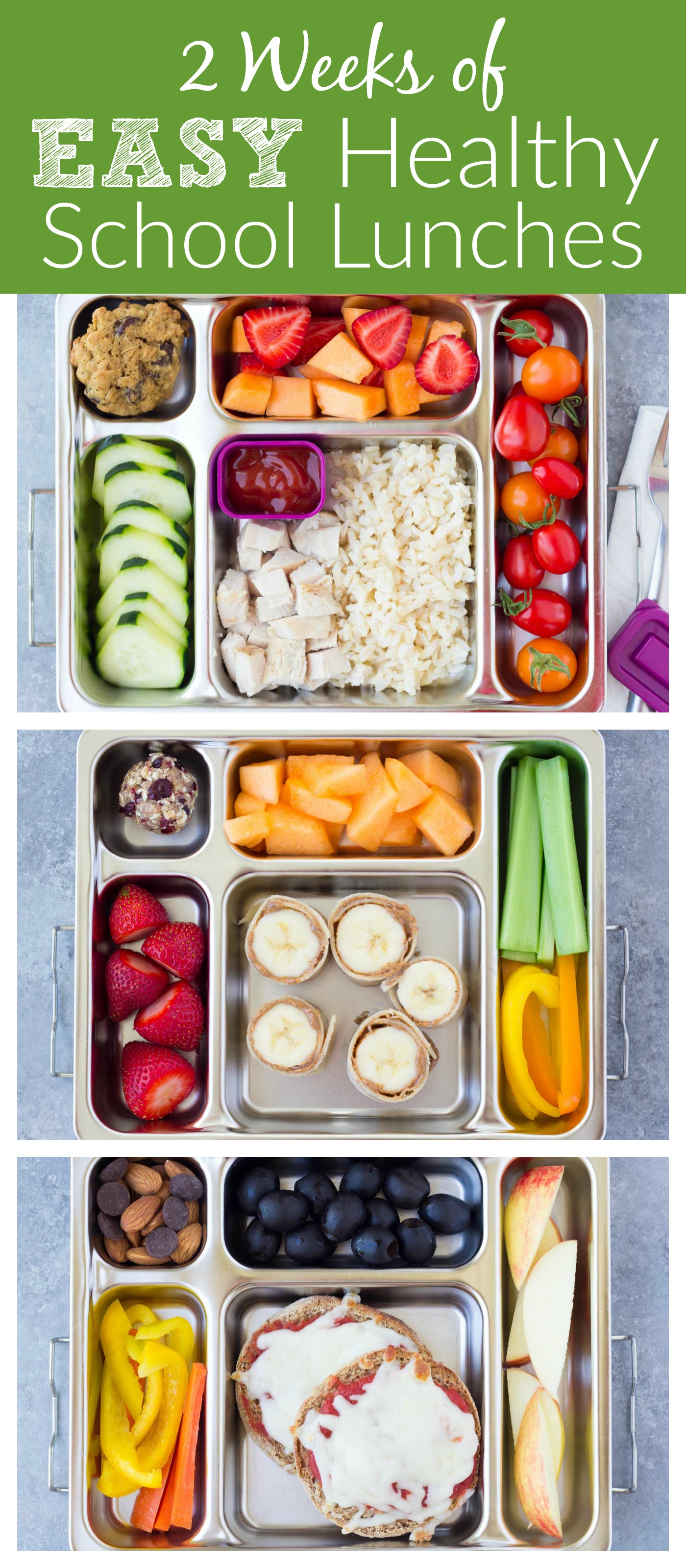 Two weeks of healthy school lunches for kids! These are the lunches that my kids LOVE, and they are easy to make! | www.kristineskitchenblog.com