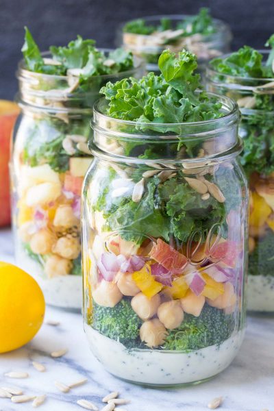 Mason Jar Broccoli Salads with Kale and Apple