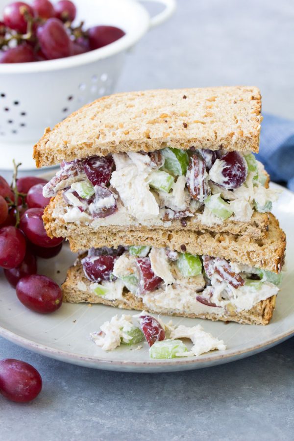 Chicken salad recipe with grapes and pecans.