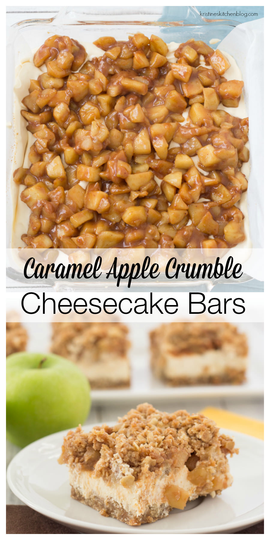 A caramelized oat crust, creamy Greek yogurt cheesecake, caramel apples, and crumb topping. Gluten-free.
