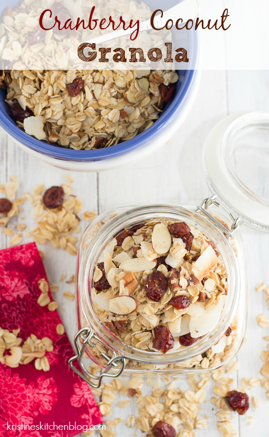 A lower sugar granola, filled with toasted nuts and coconut, you'll love this Cranberry Coconut Granola | Kristine's Kitchen