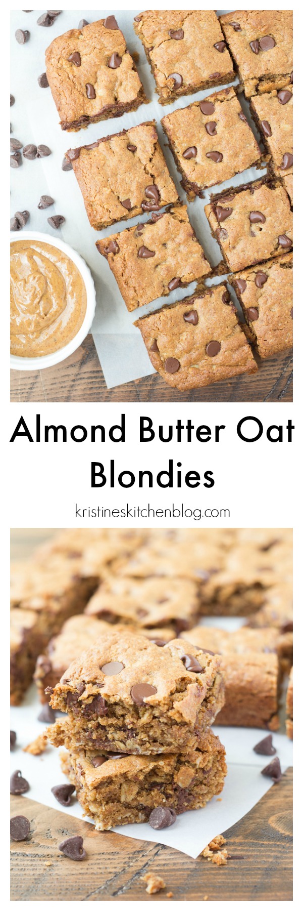 Almond Butter Oat Chocolate Chip Blondies. Soft and chewy cookie bars with a subtle caramel flavor! A healthier cookie bar that's gluten-free.
