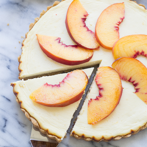 Greek Yogurt Cheesecake Tart with Shortbread Crust and Peaches