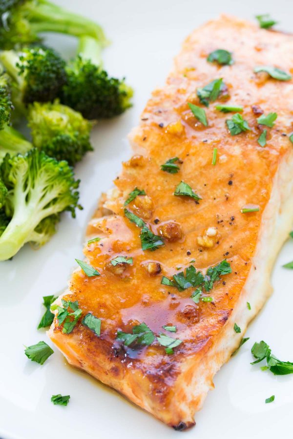 Close up of honey garlic baked salmon recipe.