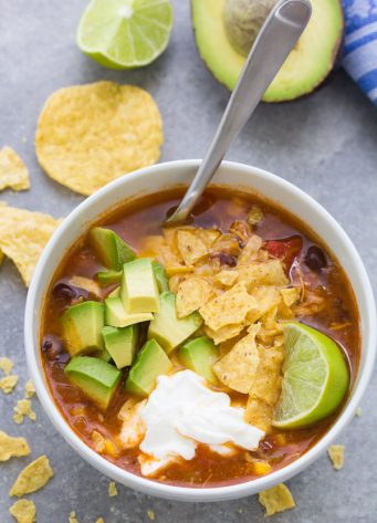Delicious Instant Pot Chicken Tortilla Soup recipe made with black beans, fire roasted diced tomatoes and corn. This easy chicken tortilla soup can also be made in the slow cooker. It's a healthy one pot dinner recipe!