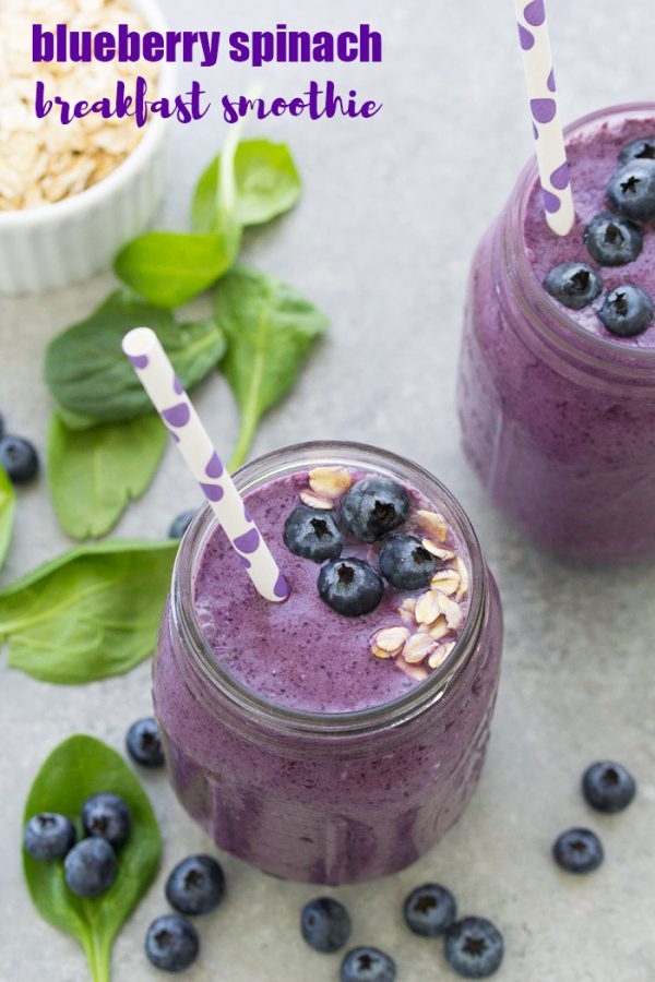 Start your day with this healthy smoothie and get in some greens, fruit, oats, and high protein yogurt! This Blueberry Spinach Breakfast Smoothie is packed with superfoods and perfect for busy mornings! It makes a healthy breakfast for kids or a nutritious snack. There is no banana in this blueberry smoothie.