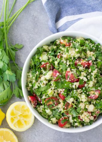 Fresh tabouli salad recipe made with quinoa so it’s gluten-free. Tabbouleh is a Mediterranean vegetarian salad made with lots of fresh parsley and lemon and olive oil dressing. It's light, fresh and healthy!