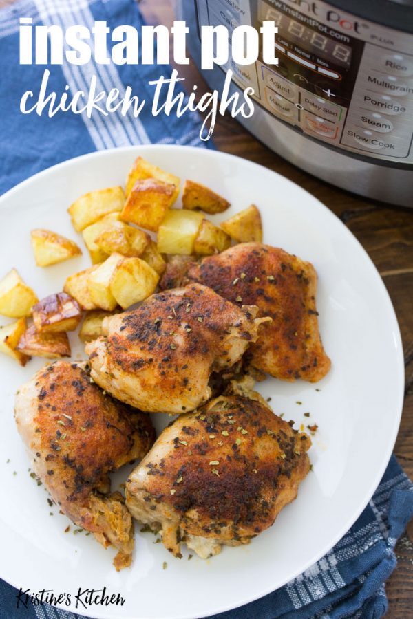 Easy Instant Pot Chicken Thighs with the best seasoning! How to cook perfectly moist and juicy chicken thighs in your Instant Pot pressure cooker. From fresh or frozen. Use boneless, skinless thighs or bone in. One of our favorite healthy chicken recipes! Instant Pot Chicken Thighs on a plate with roasted potatoes.