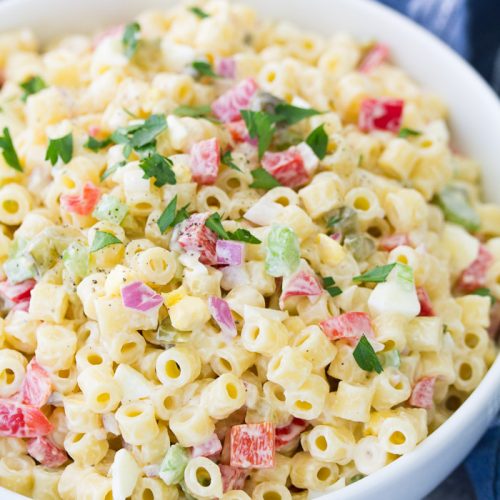 old fashioned macaroni salad with eggs and peas