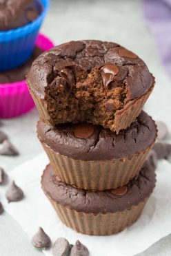 Chocolate Black Bean Blender Muffins, three muffins stacked on top of each other.