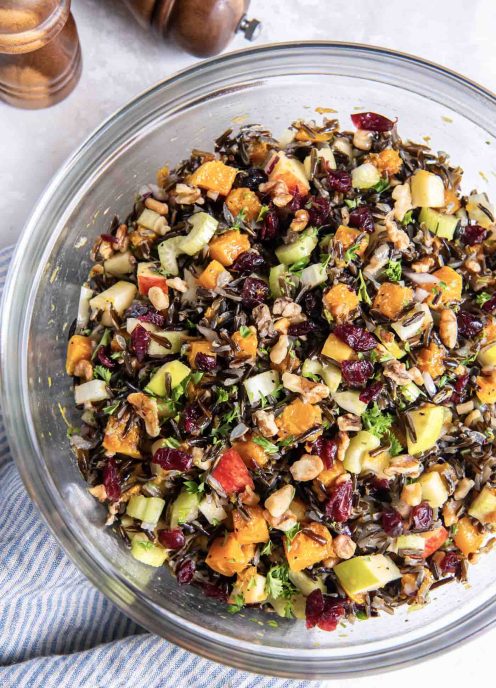 Wild rice salad in serving bowl.