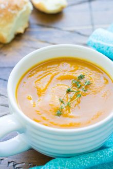 A healthy vegetarian and vegan soup made in the crock pot. This Slow Cooker Butternut Squash and Sweet Potato Soup is an easy make ahead dinner idea!