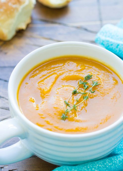 Slow cooker butternut squash sweet potato soup in a soup bowl.
