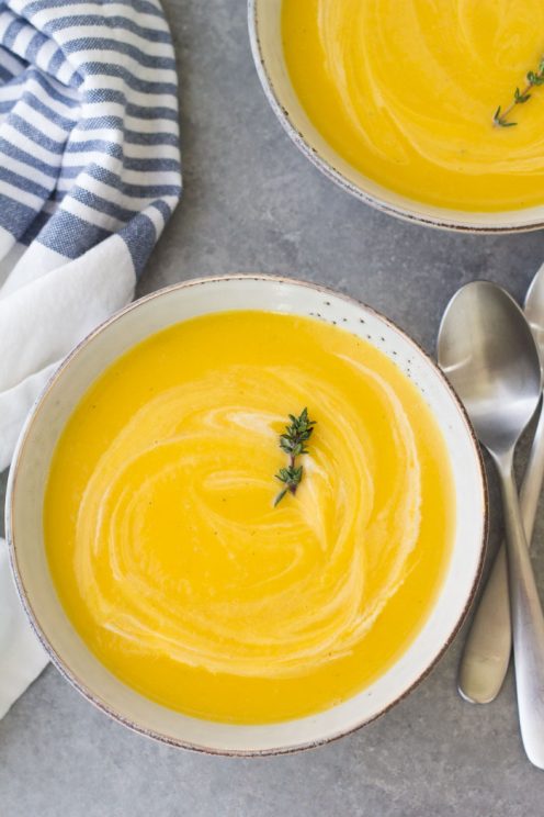 Creamy butternut squash, potato, leek soup is one of our favorite winter soups.