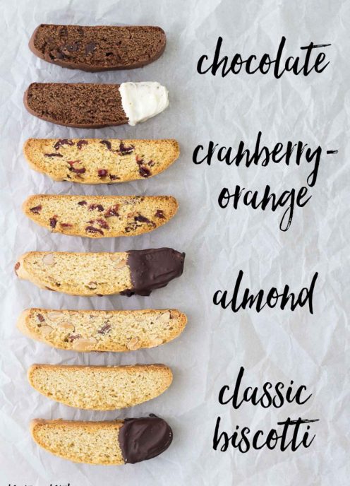Four flavors of biscotti with labels next to them: chocolate, cranberry-orange, almond and classic biscotti.