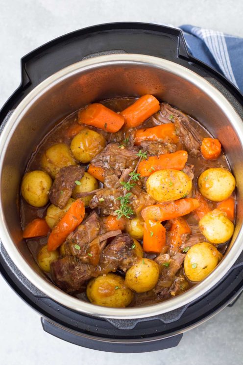 Pot roast with carrots and potatoes in an instant pot.