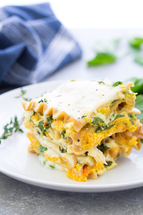Creamy roasted butternut squash lasagna with spinach.