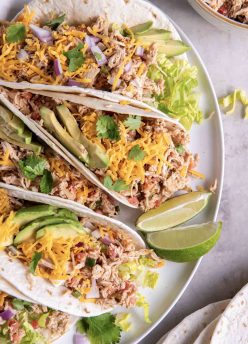 Shredded chicken tacos stacked next to each other on a plate.