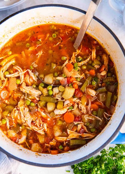 Chicken and vegetable soup in pot with a ladle.