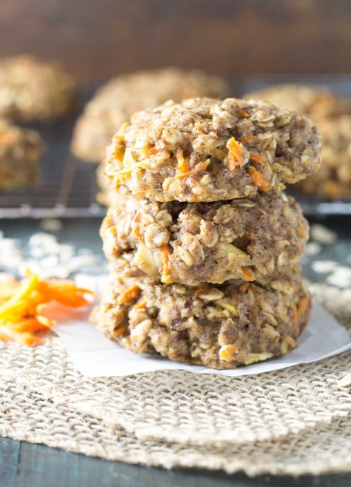 Thick, chewy, and full of fresh carrot and apple, these Carrot Cake Breakfast Cookies are a healthy make ahead breakfast. Whole grain and refined sugar free. Gluten free option.